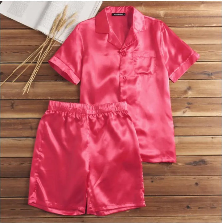 Damen Satin-Pyjama-Set mit kurzer Hose und elegantem Kragen Aliams