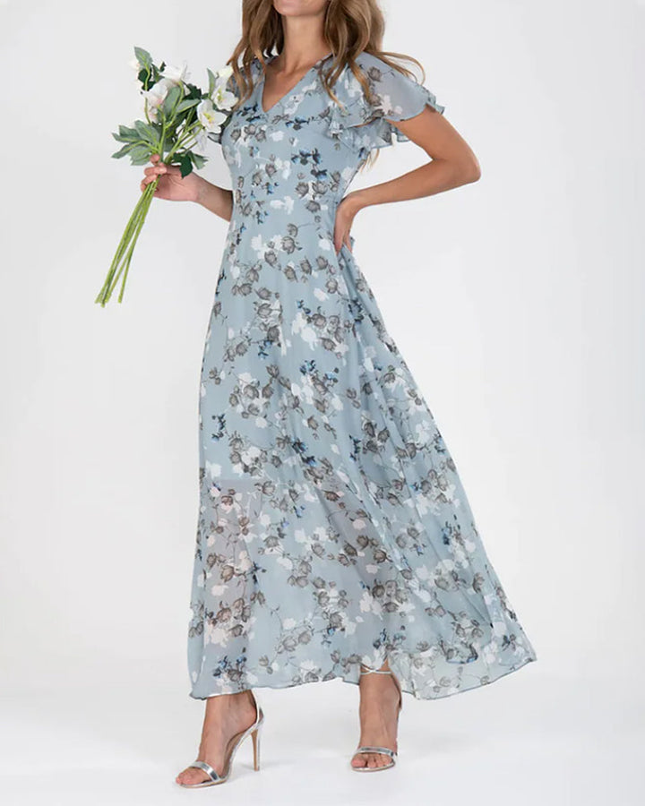 Aliams | Florales Maxikleid Damen Chiffonstoff Luftiges Sommerkleid Maxikleid mit Fließendem Rock