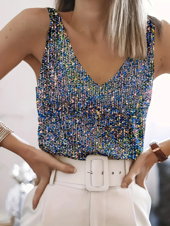 Aliams | Damen Glitter Pailletten V-Ausschnitt Top Ärmelloses Shirt Top für Frauen