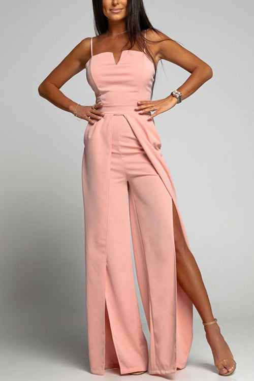 Aliams | Hohe Taille Schlitz Fließender Breiter Bein Cami Jumpsuit