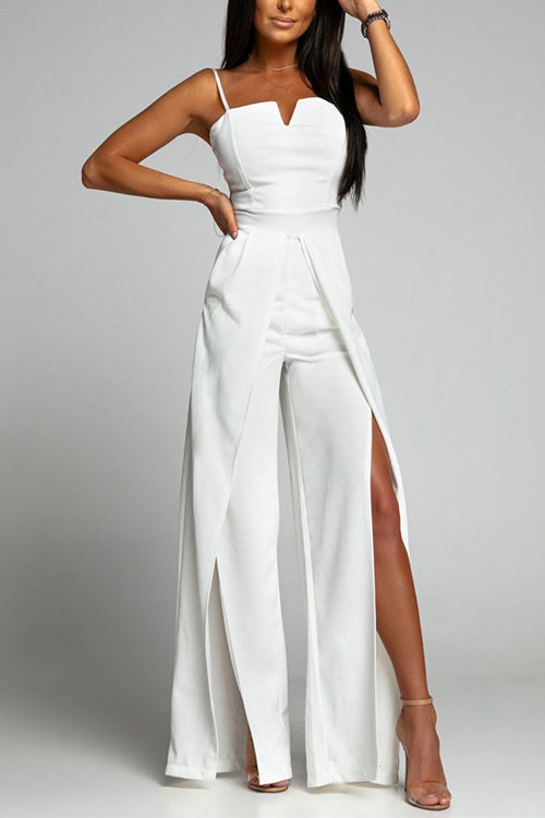 Aliams | Hohe Taille Schlitz Fließender Breiter Bein Cami Jumpsuit