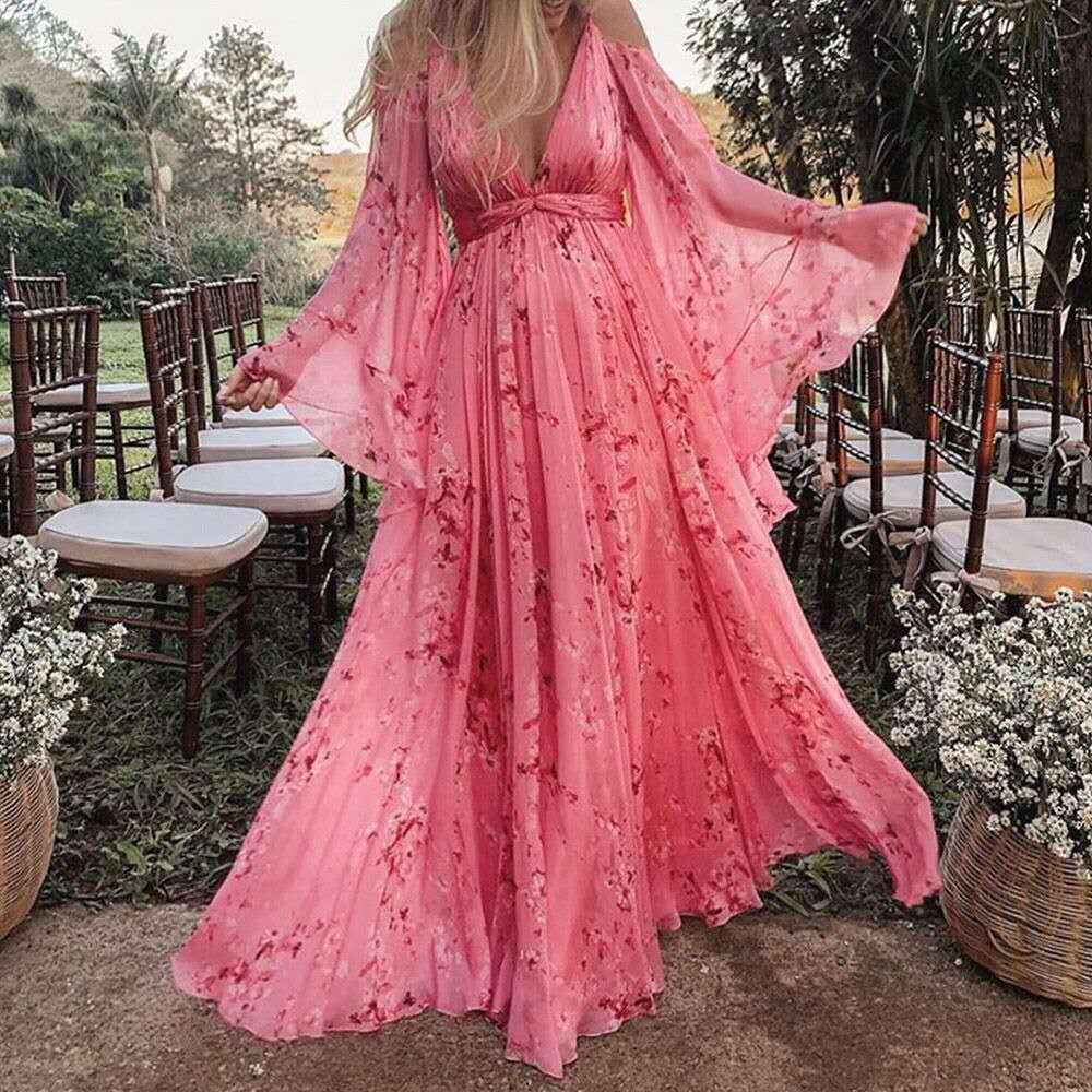 Aliams | Chiffon-Maxikleid mit V-Ausschnitt und Blumenmuster