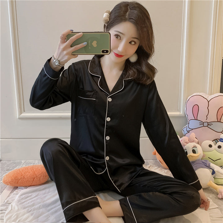 Satin-Pyjama-Set mit Knöpfen und Paspel für Frauen