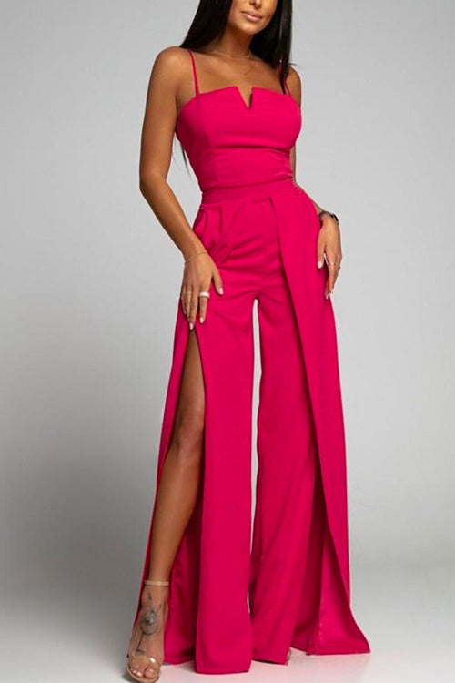 Aliams | Hohe Taille Schlitz Fließender Breiter Bein Cami Jumpsuit