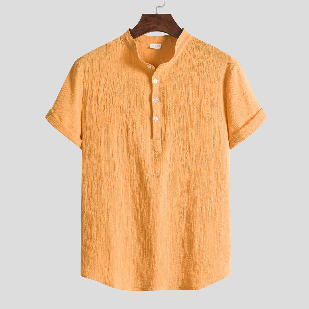 Herren Kurzarm-Hemden mit strukturierter Oberfläche und knöpfbarem Stehkragen Aliams