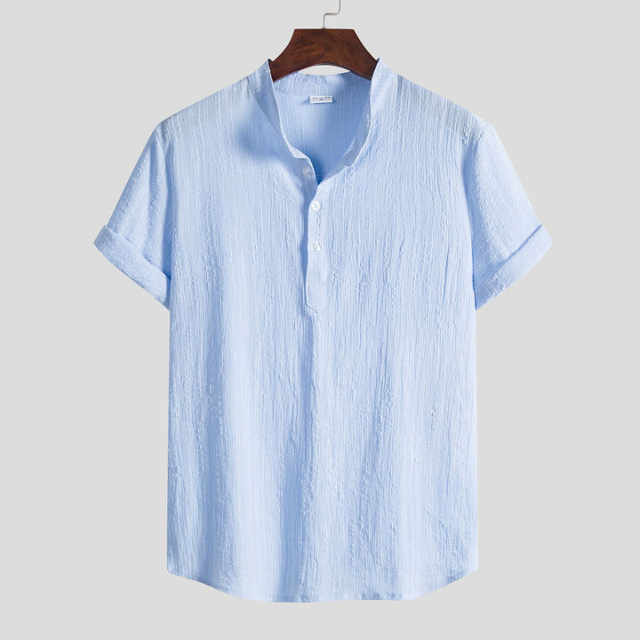 Herren Kurzarm-Hemden mit strukturierter Oberfläche und knöpfbarem Stehkragen Aliams