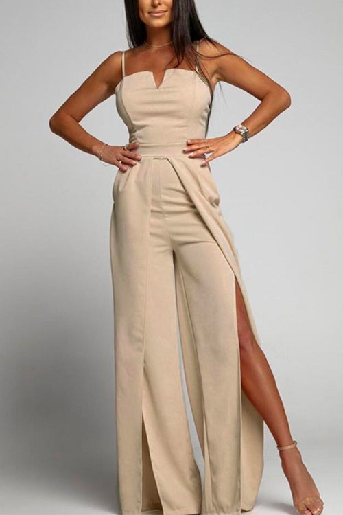 Aliams | Hohe Taille Schlitz Fließender Breiter Bein Cami Jumpsuit