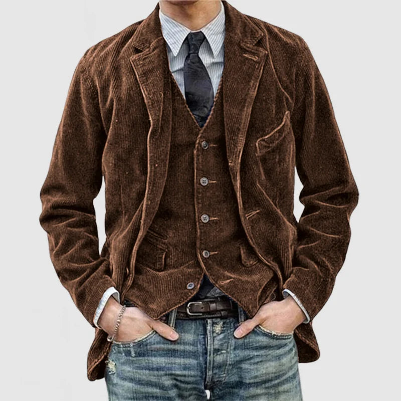 Vintage Herren Set Aus Blazer und Weste aus Geripptem Veloursleder