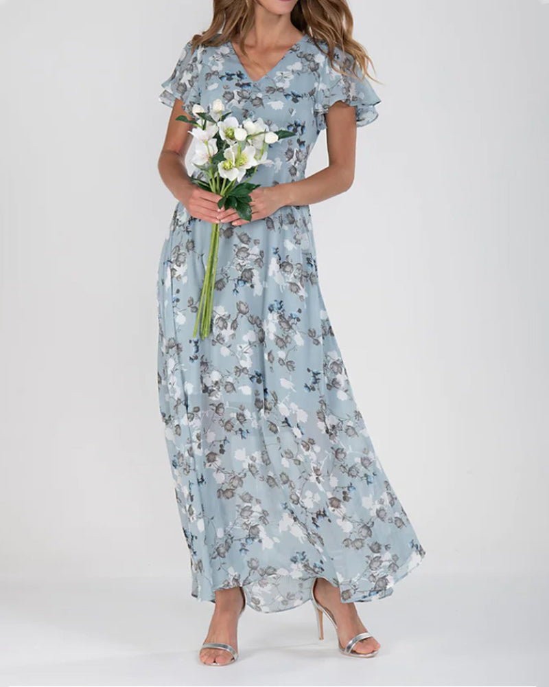 Aliams | Florales Maxikleid Damen Chiffonstoff Luftiges Sommerkleid Maxikleid mit Fließendem Rock