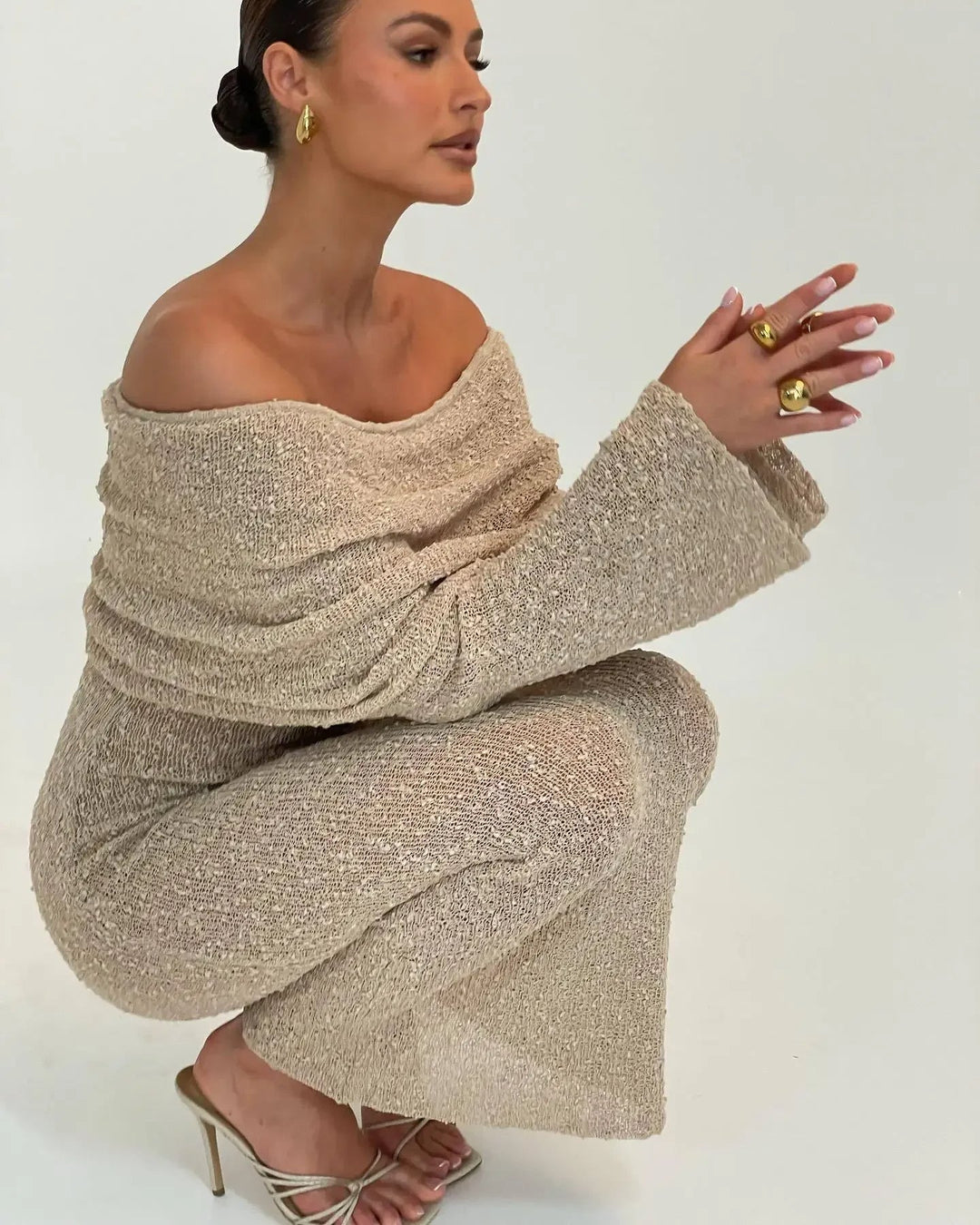 Schulterfrei Strick-Maxi-Kleid Für Damen