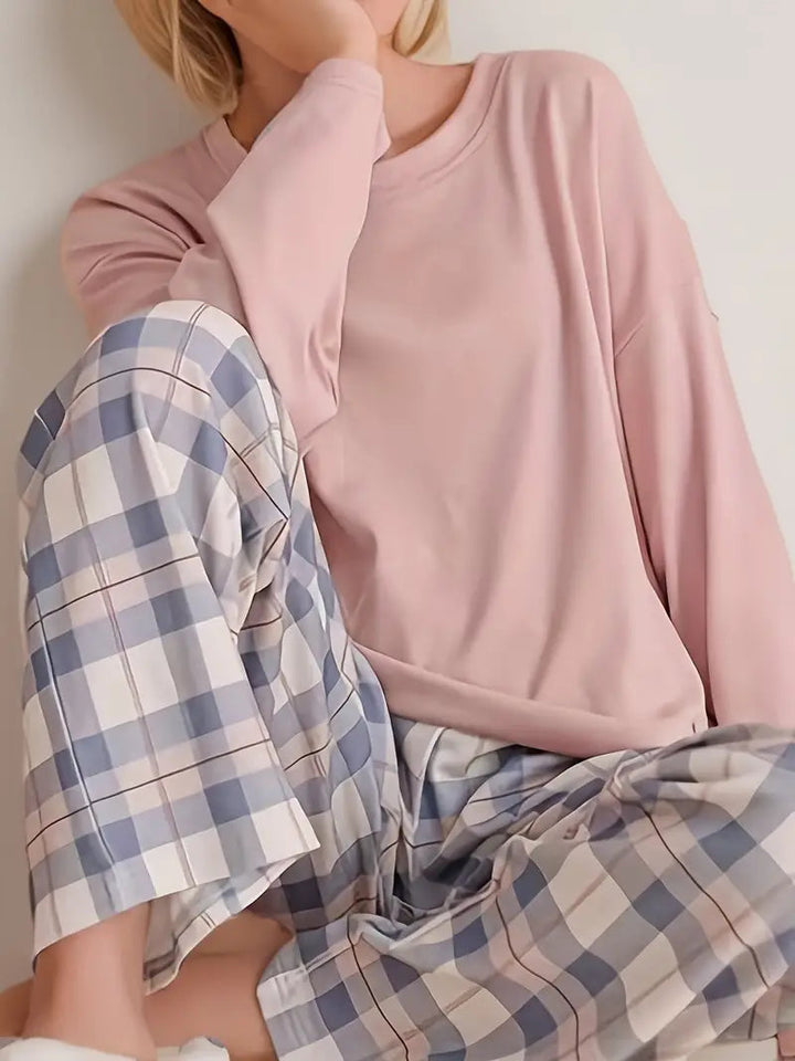Damen Pyjama Set mit Rundhalsausschnitt und langen Ärmeln