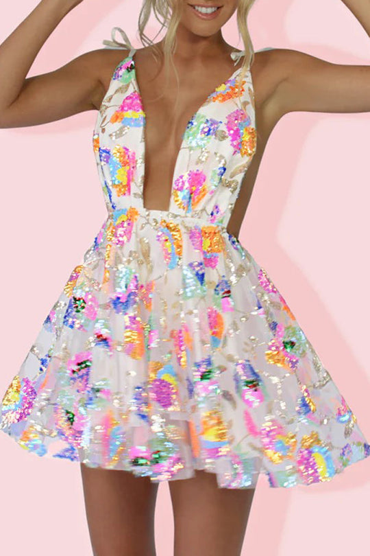 Aliams | V-Ausschnitt Offene Rücken Pailletten Blumen Binde A-Linie Mini Kleid