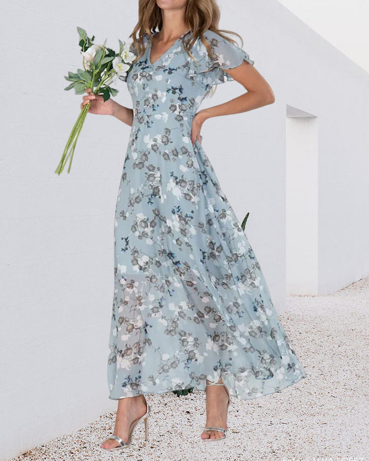 Aliams | Florales Maxikleid Damen Chiffonstoff Luftiges Sommerkleid Maxikleid mit Fließendem Rock