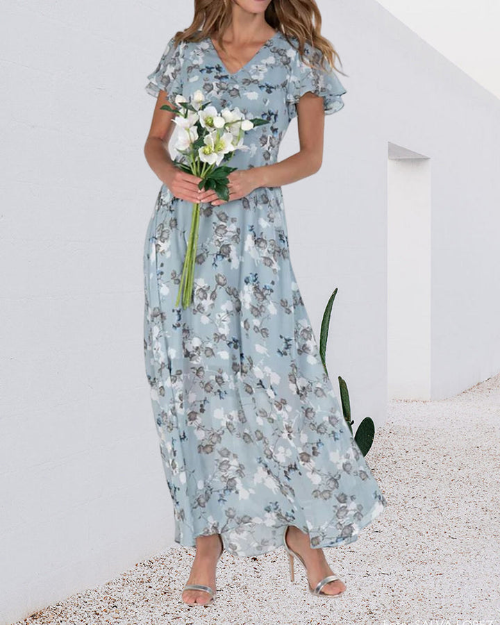 Aliams | Florales Maxikleid Damen Chiffonstoff Luftiges Sommerkleid Maxikleid mit Fließendem Rock