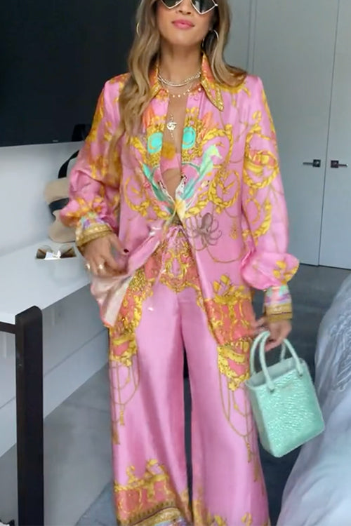 Aliams | Rosiedress Einzigartiger Print Lantern Lange Ärmel Bluse Shirt und Weite Hosen Urlaub Outfit Set