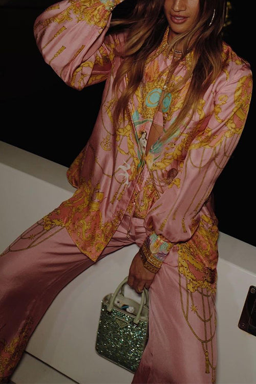 Aliams | Rosiedress Einzigartiger Print Lantern Lange Ärmel Bluse Shirt und Weite Hosen Urlaub Outfit Set