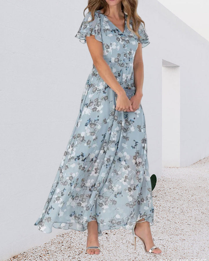Aliams | Florales Maxikleid Damen Chiffonstoff Luftiges Sommerkleid Maxikleid mit Fließendem Rock