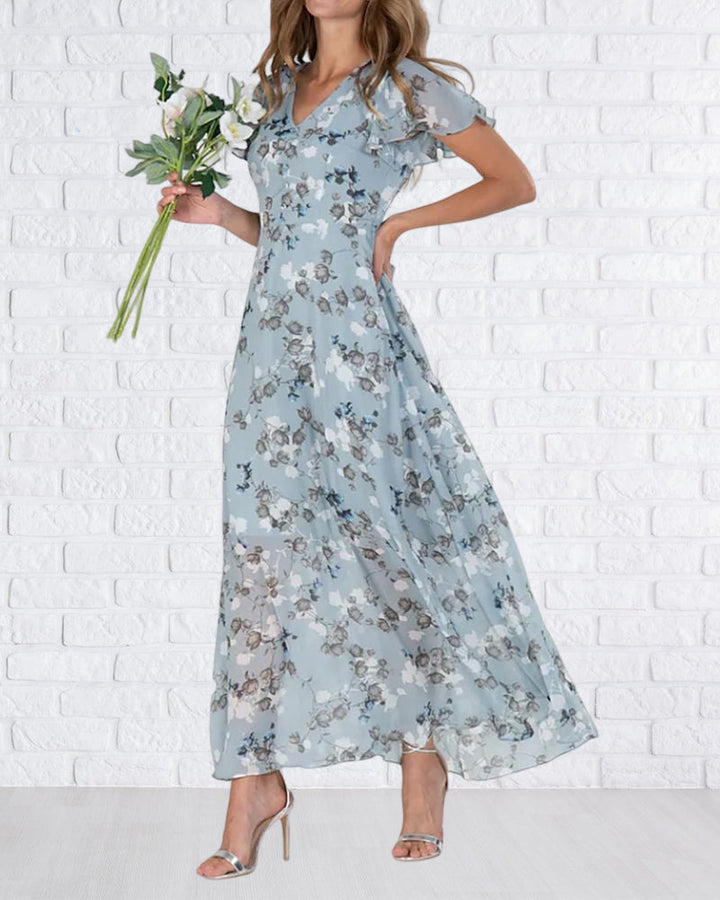 Aliams | Florales Maxikleid Damen Chiffonstoff Luftiges Sommerkleid Maxikleid mit Fließendem Rock