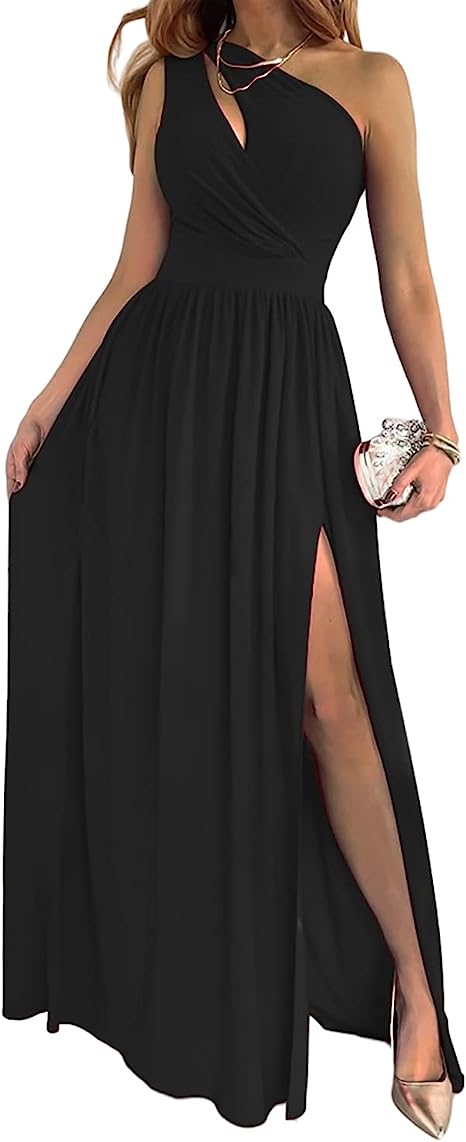 Aliams | Damen-Cocktail-Maxikleid mit Ein-Schulter-Hohem Geteiltem Ausschnitt