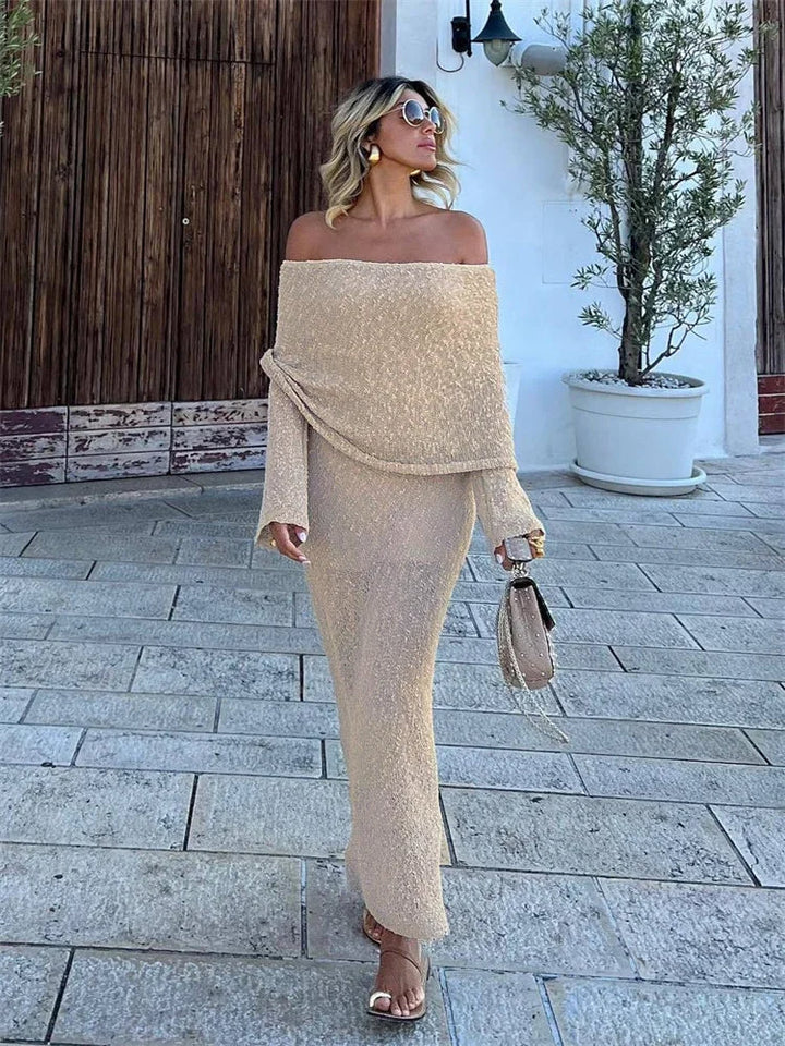 Schulterfrei Strick-Maxi-Kleid Für Damen