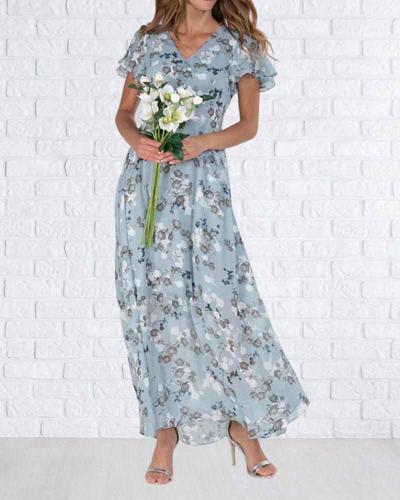 Aliams | Florales Maxikleid Damen Chiffonstoff Luftiges Sommerkleid Maxikleid mit Fließendem Rock