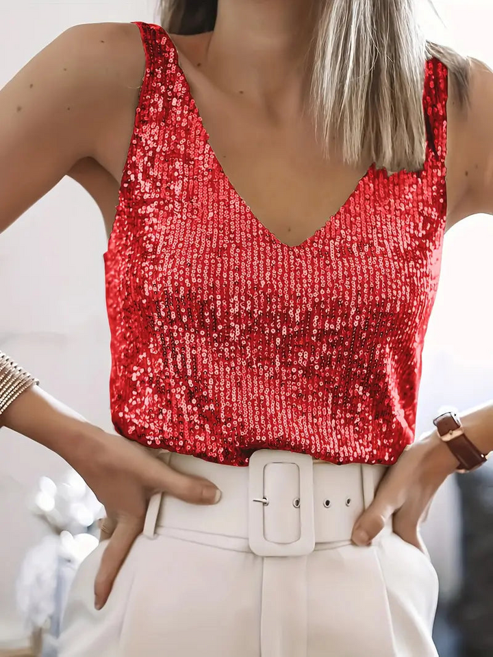 Aliams | Damen Glitter Pailletten V-Ausschnitt Top Ärmelloses Shirt Top für Frauen