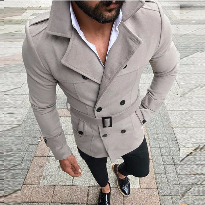 Herren eleganter Trenchcoat mit modischem Gürtel und doppelter Knopfleiste Aliams