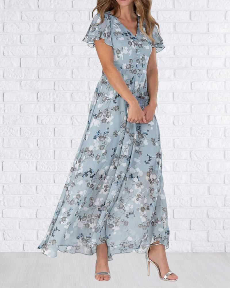 Aliams | Florales Maxikleid Damen Chiffonstoff Luftiges Sommerkleid Maxikleid mit Fließendem Rock