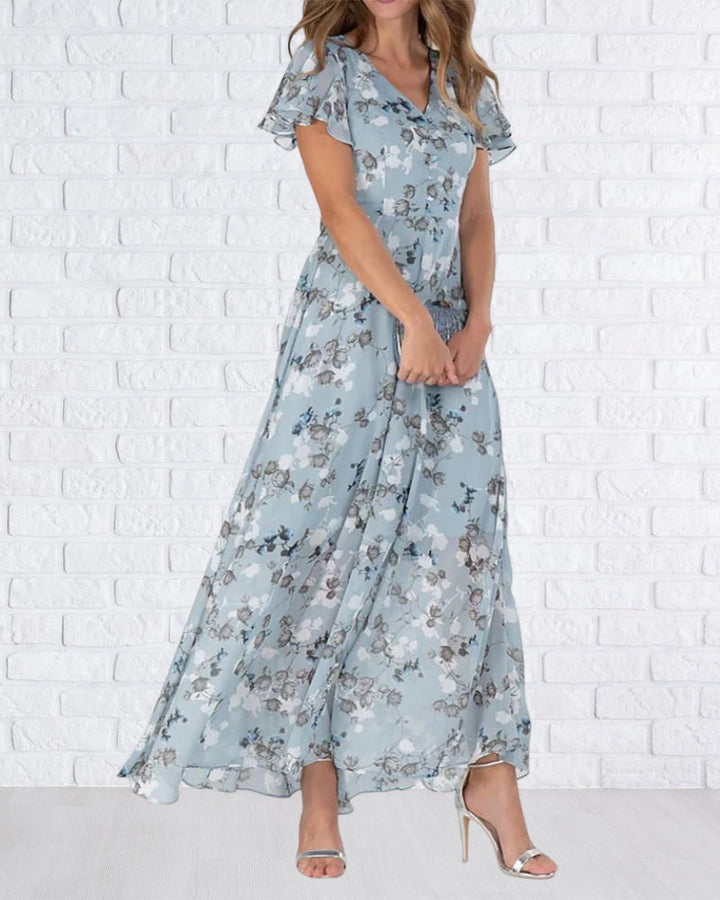 Aliams | Florales Maxikleid Damen Chiffonstoff Luftiges Sommerkleid Maxikleid mit Fließendem Rock