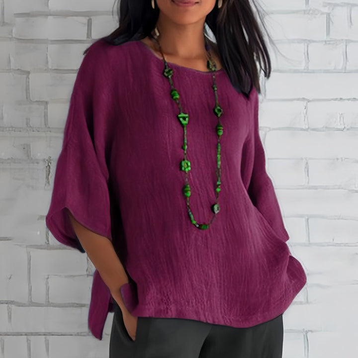 Aliams | Rosafarbenes, lockeres Rundhals-Shirt mit 3/4-Ärmeln für Damen