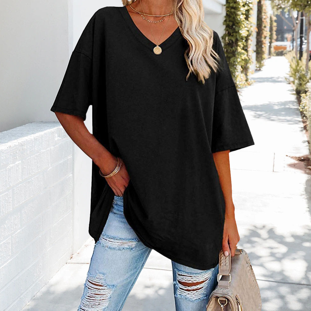 Aliams | Einfarbiges Neues Damen-T-Shirt Aus Baumwolle mit V-Ausschnitt