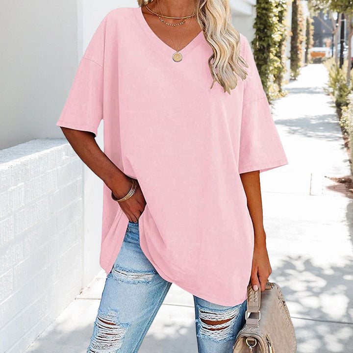 Aliams | Einfarbiges Neues Damen-T-Shirt Aus Baumwolle mit V-Ausschnitt