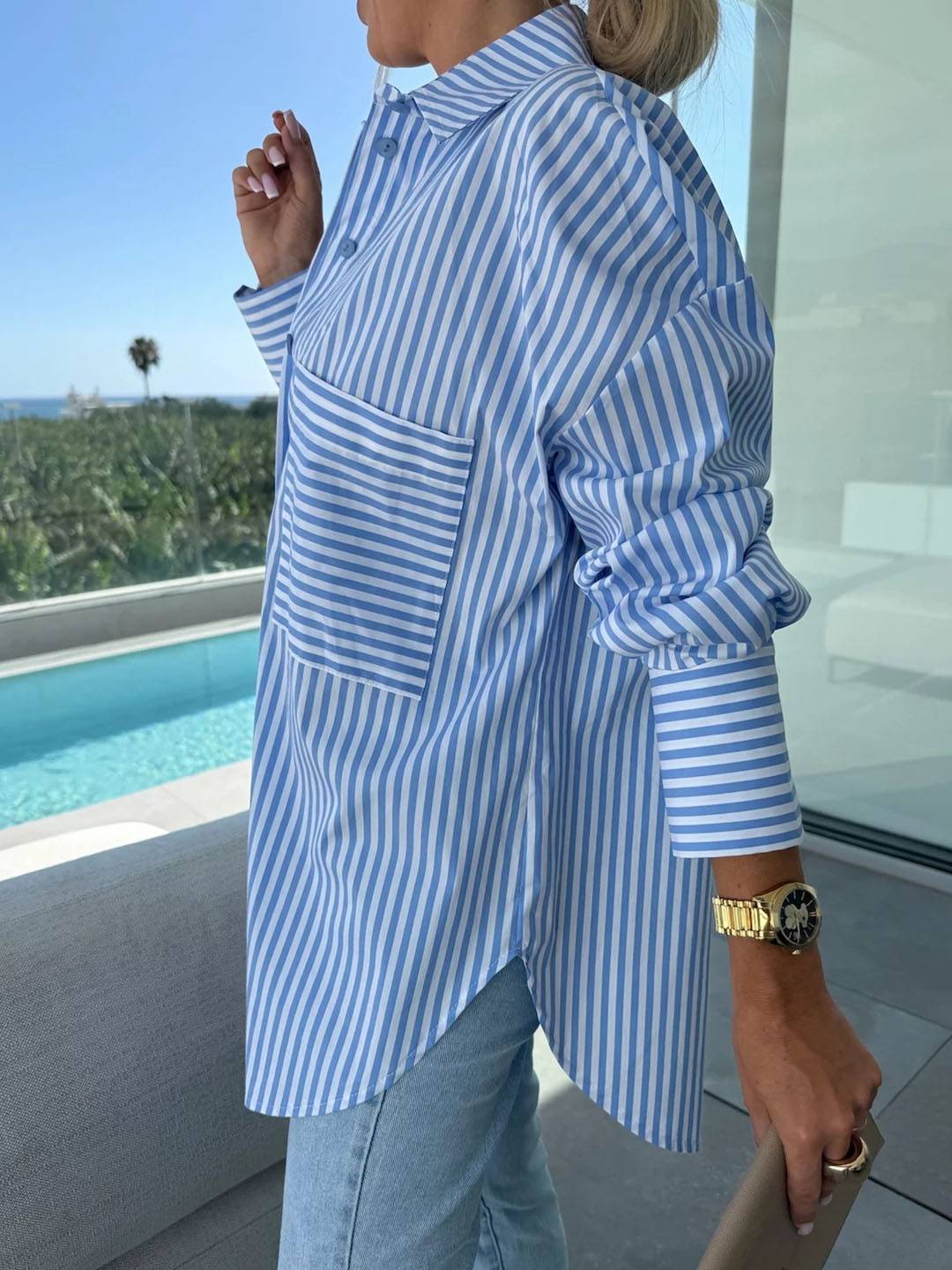 Aliams | Gestreifte Bluse Button-Up Shirt Kragen Lange Ärmel Frauen Elegant Maßgeschneidert Freizeit Übergrößen