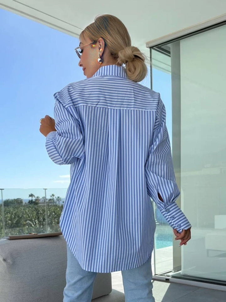 Aliams | Gestreifte Bluse Button-Up Shirt Kragen Lange Ärmel Frauen Elegant Maßgeschneidert Freizeit Übergrößen