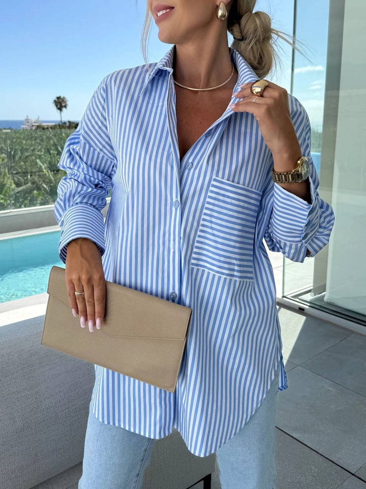 Aliams | Gestreifte Bluse Button-Up Shirt Kragen Lange Ärmel Frauen Elegant Maßgeschneidert Freizeit Übergrößen