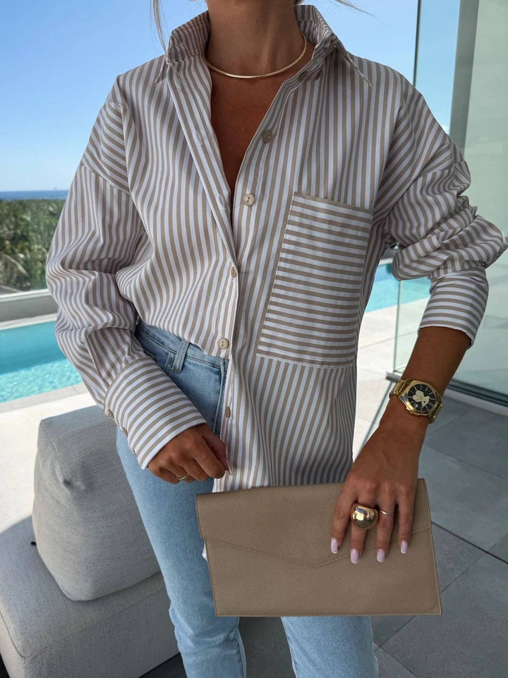 Aliams | Gestreifte Bluse Button-Up Shirt Kragen Lange Ärmel Frauen Elegant Maßgeschneidert Freizeit Übergrößen