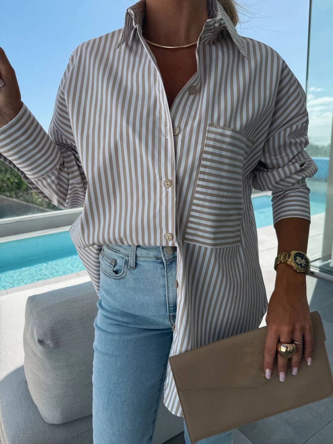 Aliams | Gestreifte Bluse Button-Up Shirt Kragen Lange Ärmel Frauen Elegant Maßgeschneidert Freizeit Übergrößen