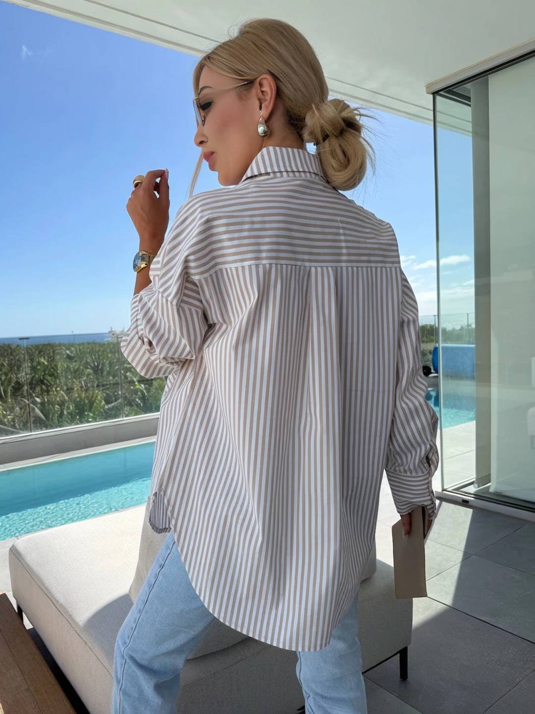Aliams | Gestreifte Bluse Button-Up Shirt Kragen Lange Ärmel Frauen Elegant Maßgeschneidert Freizeit Übergrößen
