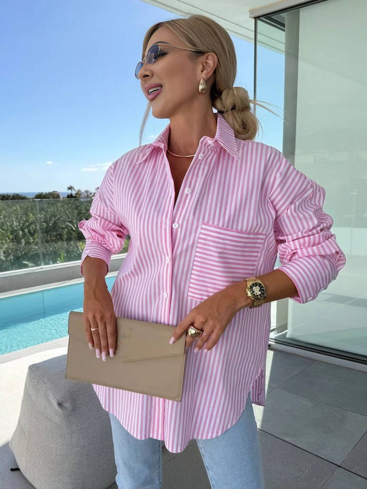 Aliams | Gestreifte Bluse Button-Up Shirt Kragen Lange Ärmel Frauen Elegant Maßgeschneidert Freizeit Übergrößen