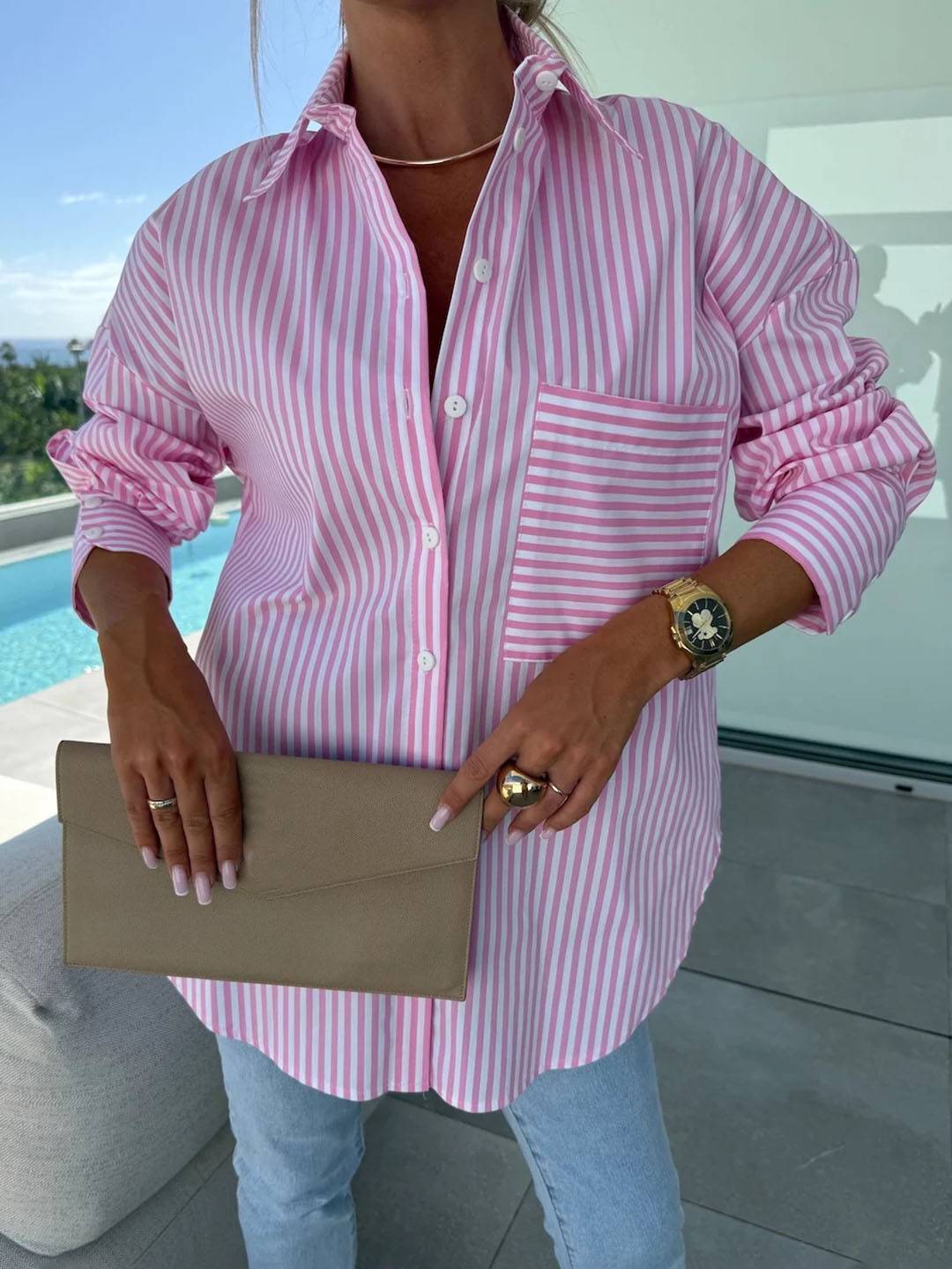 Aliams | Gestreifte Bluse Button-Up Shirt Kragen Lange Ärmel Frauen Elegant Maßgeschneidert Freizeit Übergrößen