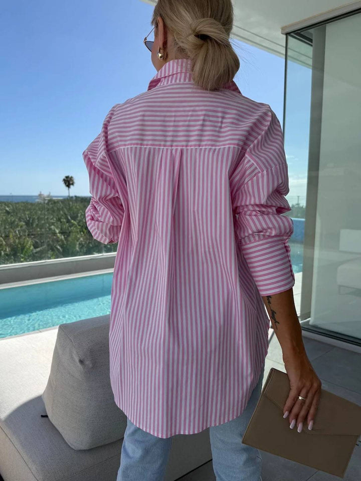Aliams | Gestreifte Bluse Button-Up Shirt Kragen Lange Ärmel Frauen Elegant Maßgeschneidert Freizeit Übergrößen