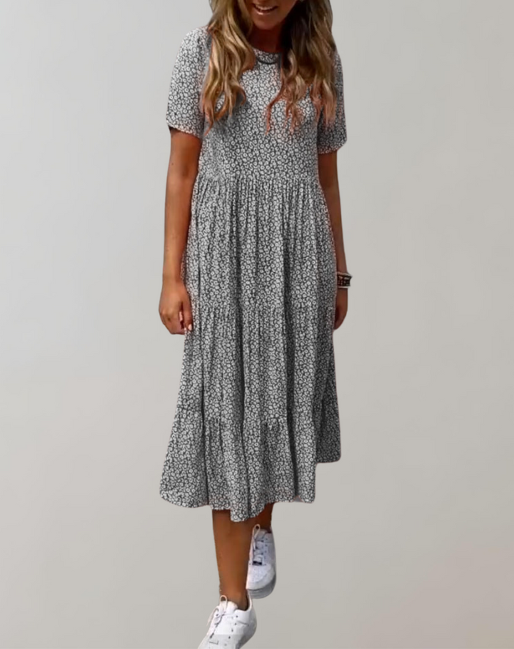 Aliams | Lässiges, Kurzärmliges Midikleid mit Blumenmuster Fließendes Kleid für Damen
