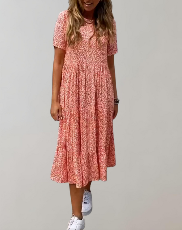 Aliams | Lässiges, Kurzärmliges Midikleid mit Blumenmuster Fließendes Kleid für Damen