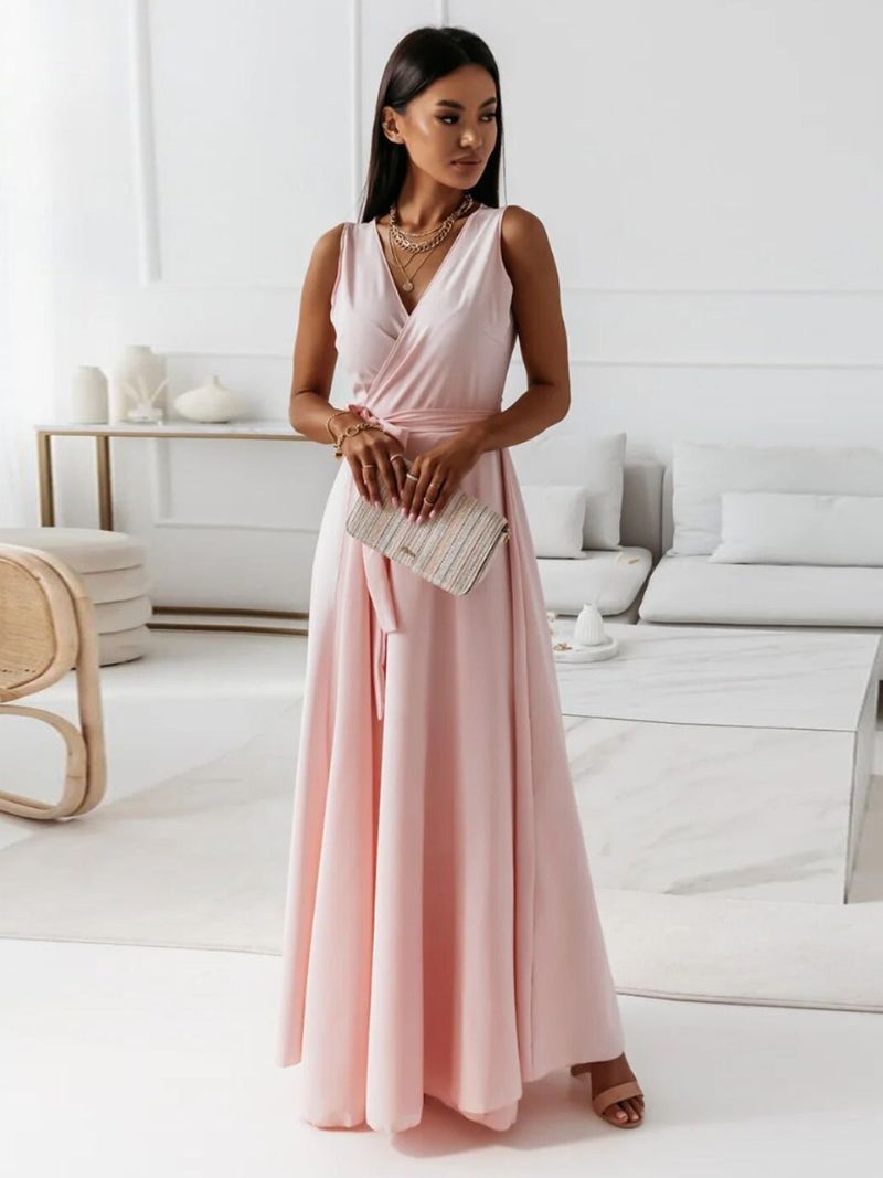 Damenkleid in Maxilänge mit V-Ausschnitt und Taillengürtel