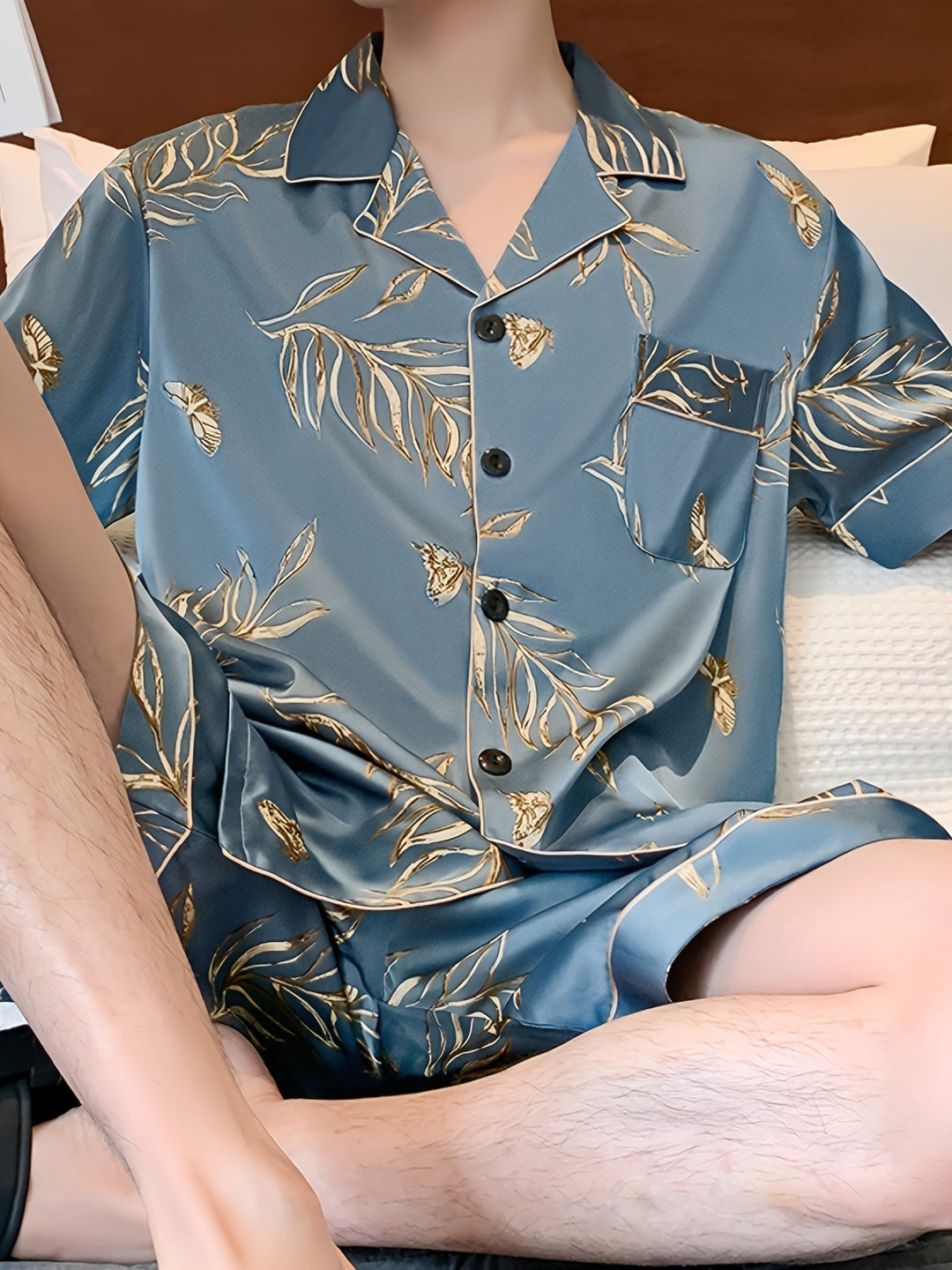 Aliams | Herren Sommer Eis Seide Pyjama Satz mit Blumen und Blättern Druck
