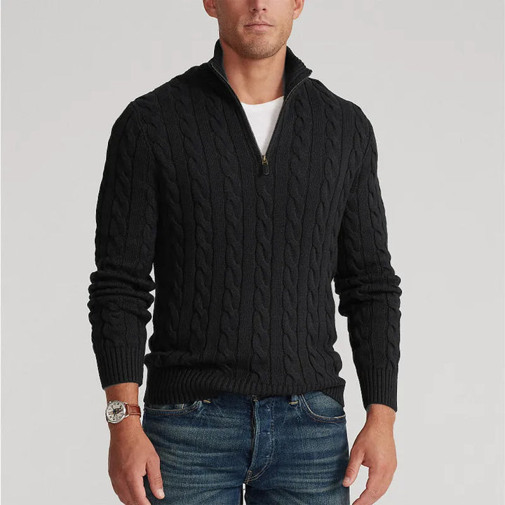 Modischer Zopfstrickpullover mit V-Ausschnitt und Zipper