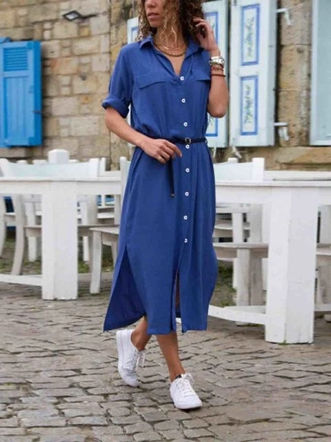 Aliams | Elegantes Button-Down-Hemdkleid für Damen Langärmliges Hemdblusenkleid Im Bohemian-Stil mit Gürtel