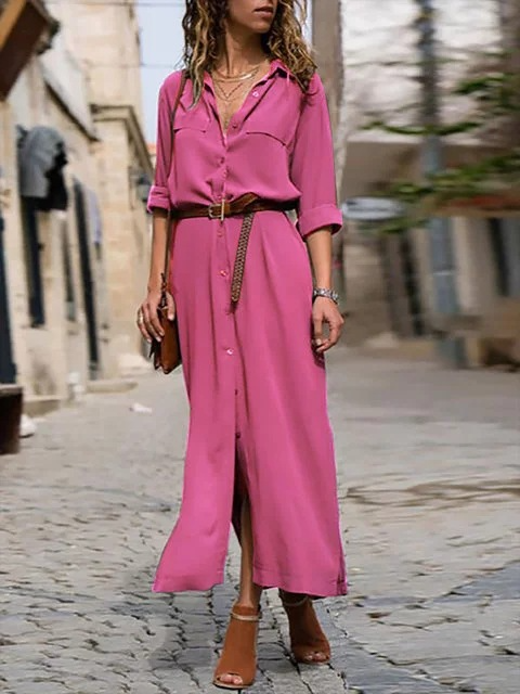 Aliams | Elegantes Button-Down-Hemdkleid für Damen Langärmliges Hemdblusenkleid Im Bohemian-Stil mit Gürtel