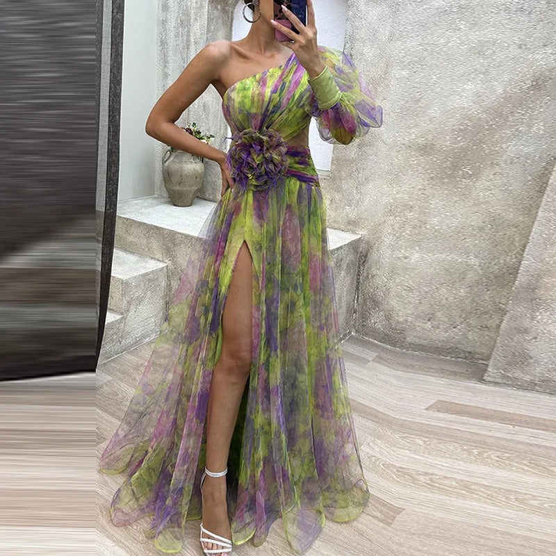 Aliams | Damen Schulterfreies Partykleid mit Print