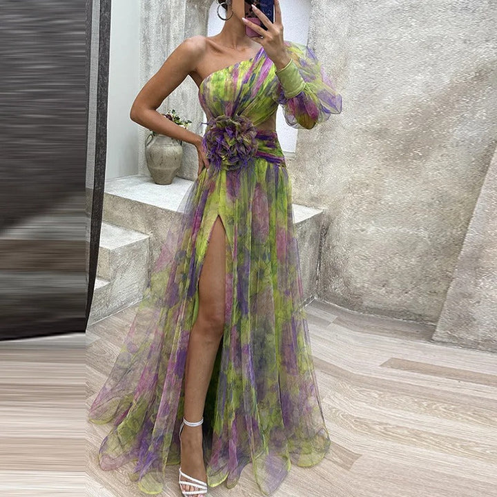 Aliams | Damen Schulterfreies Partykleid mit Print
